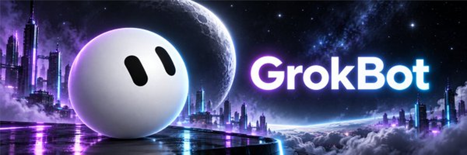 GrokBot banner. A white orb with two black eyes beside the word GrokBot, over a neon city and the moon.