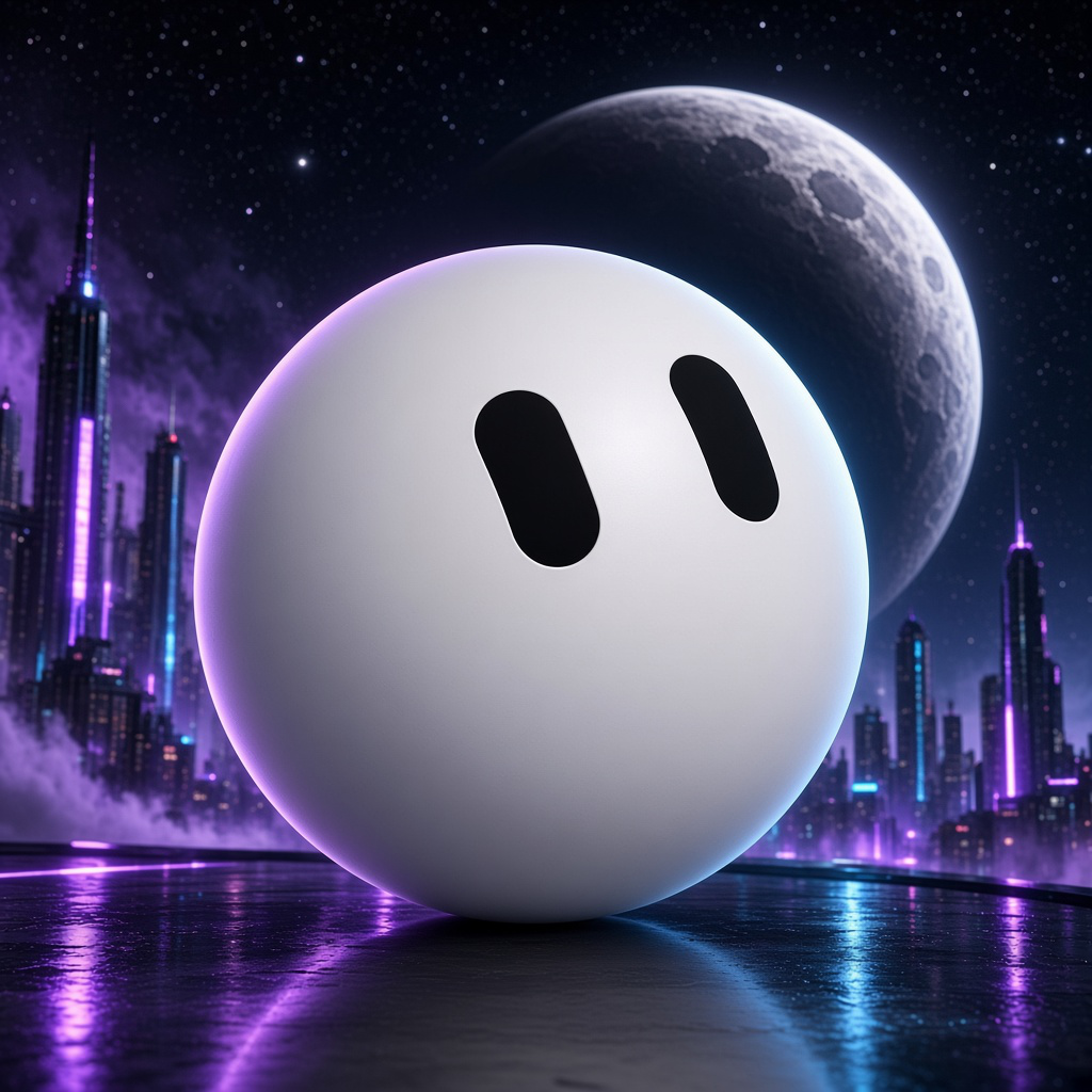 GrokBot, a white orb with two black eyes, above a neon city with the moon behind it