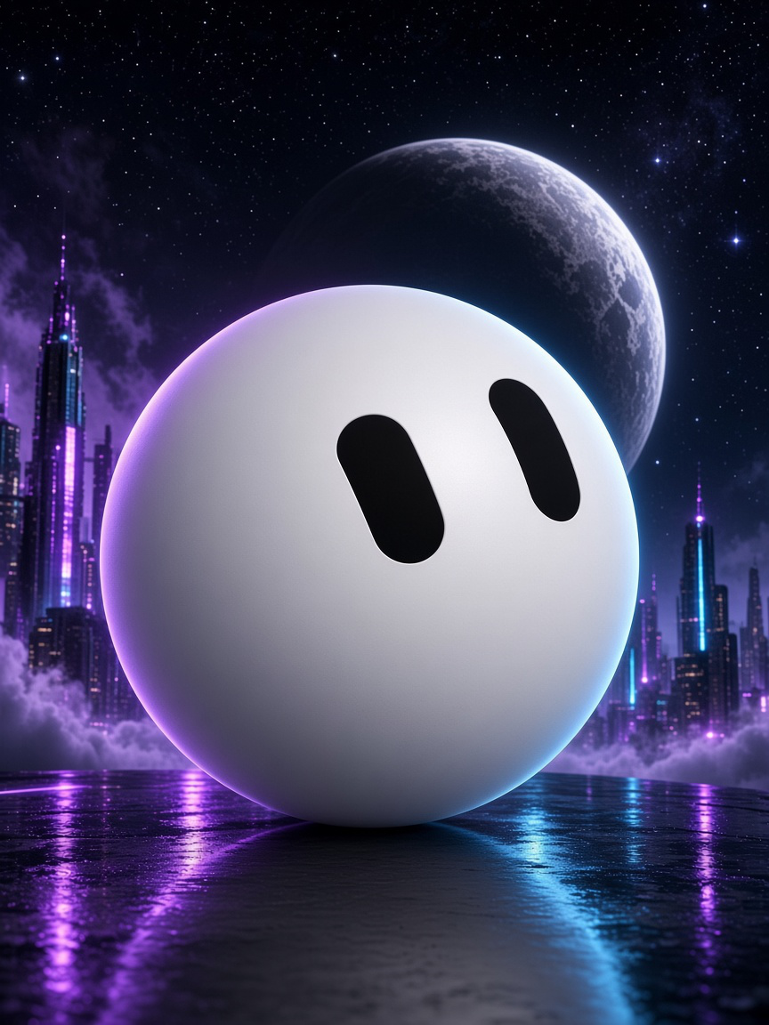 GrokBot, the white orb, standing over a neon city with the moon behind it